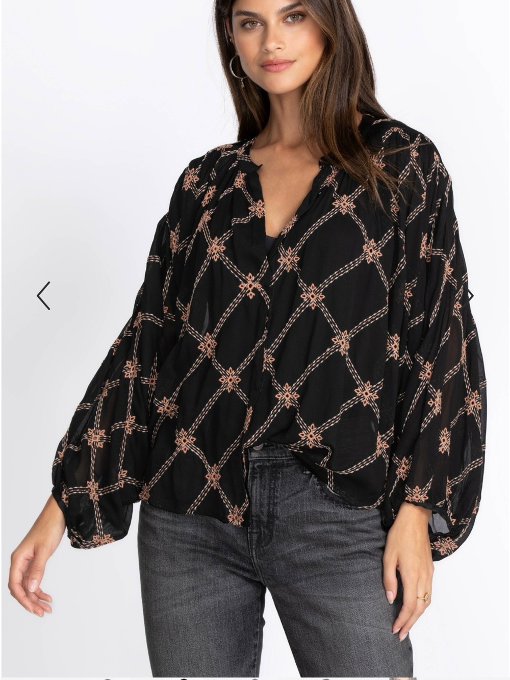 Johnny Was Black Blouse with Copper Lattice Print